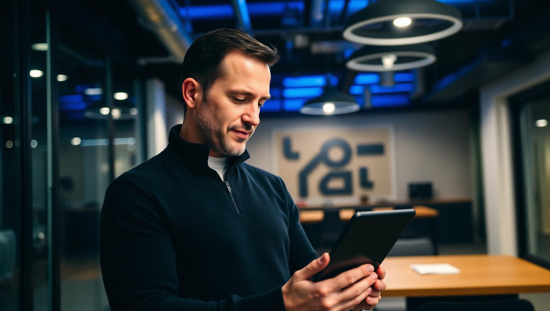 Business owner reviewing an AI opportunity scorecard on a tablet in a modern office