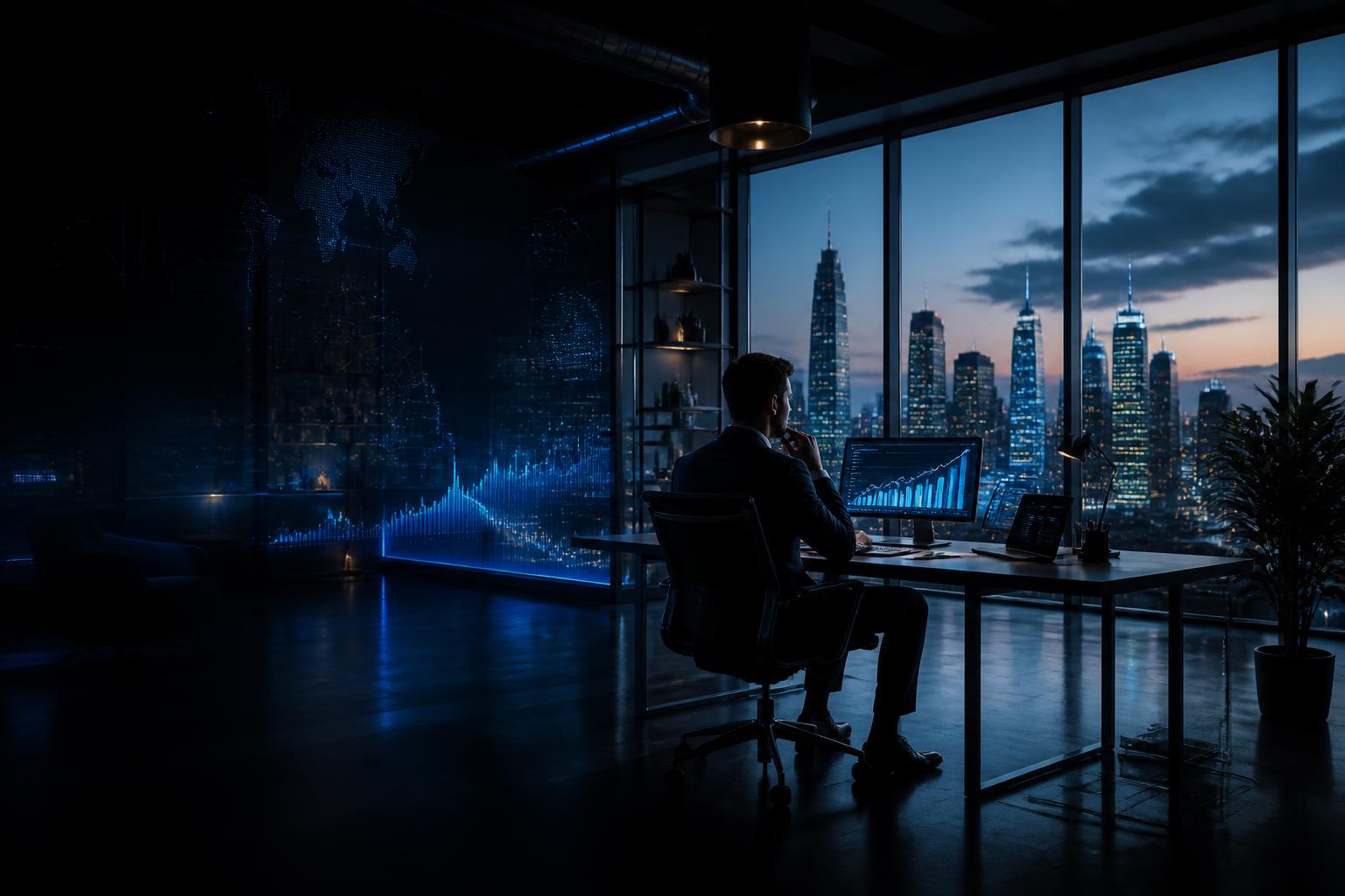 Trades and services CEO reviewing AI strategy and business insights at a modern office overlooking the city skyline