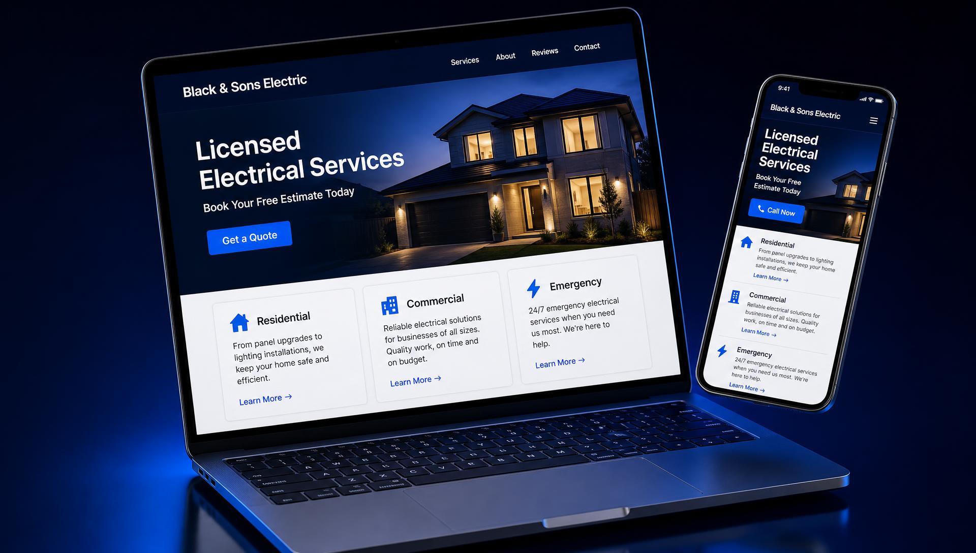 Professional trade business website shown on a laptop and phone