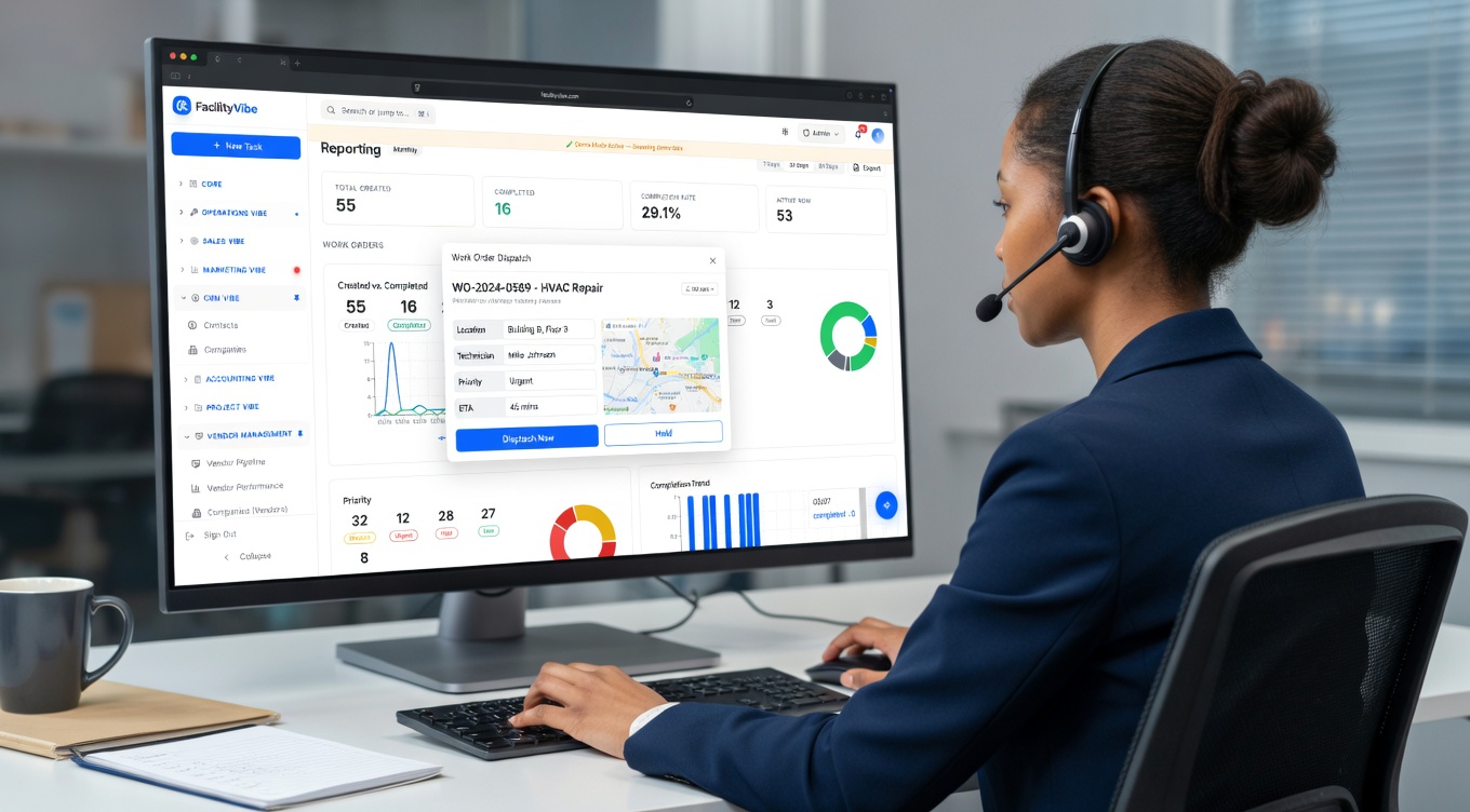 FacilityVibe work order dispatch with technician assignment and location mapping
