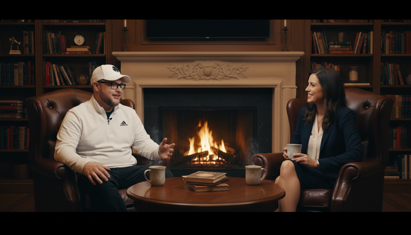 Shawn in a fireside chat setting