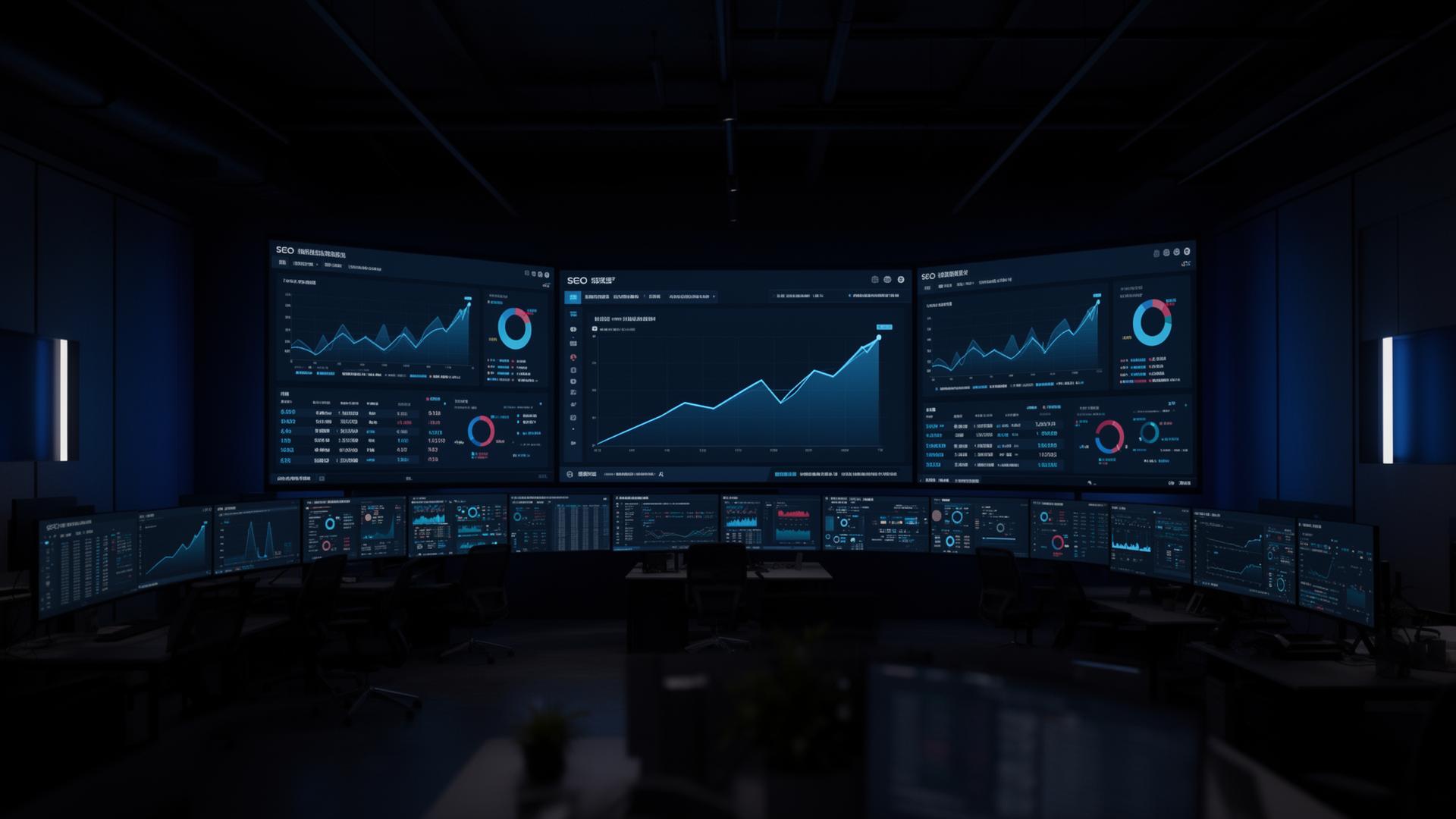 Marketing and SEO workspace with analytics dashboards