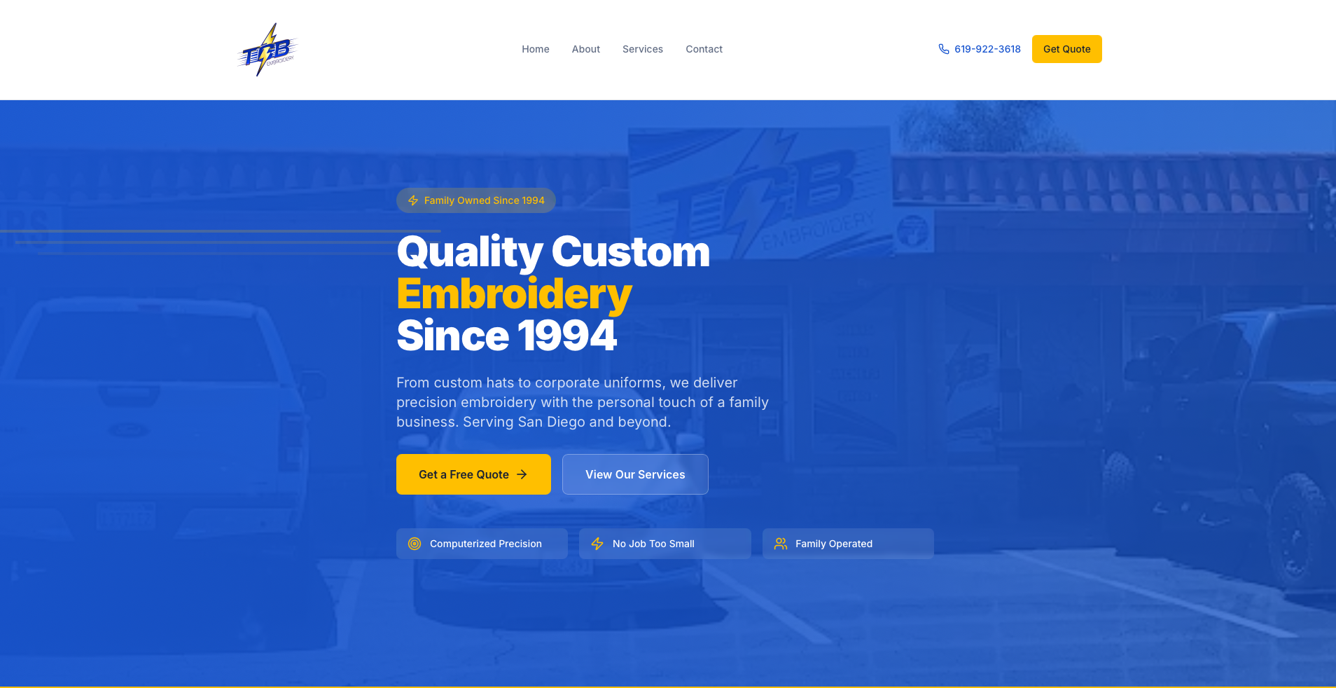 TCB Embroidery website screenshot